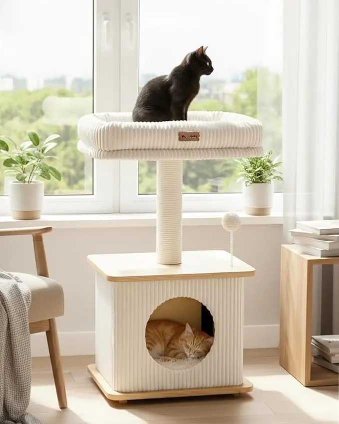 Cat Tree for Indoor Cats | Wooden Cat Tower with Sisal Scratching Posts, Padded Beds & Multi-Level Design（(Up to 10 lbs)）