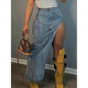 Women's Zipper Asymmetrical Hem Denim Skirt, Casual High Waist Split Thigh Bodycon Skirt for Daily Outdoor Wear, Ladies Summer Bottoms