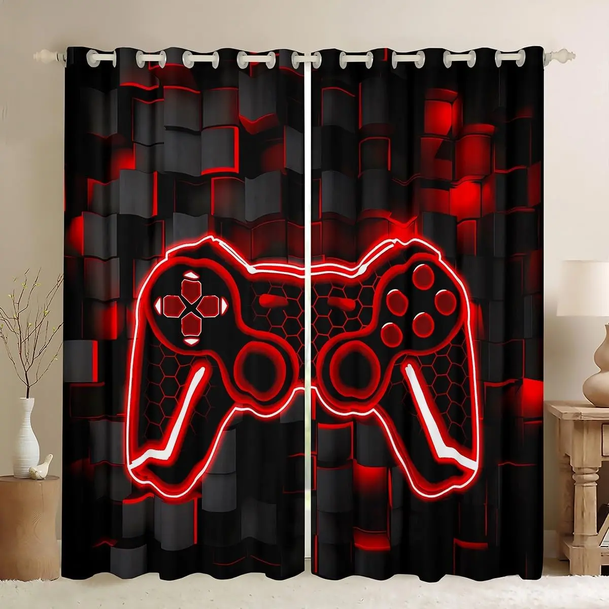 Feelyou Gamer Curtains - 2 Panels Red and Black Ombre Geometric Square Privacy Grommet Drapes, 30%-50% Blackout Darkening Room Decor Window Treatments for Boys, Privacy Grommet Curtains, Room Decor Curtain