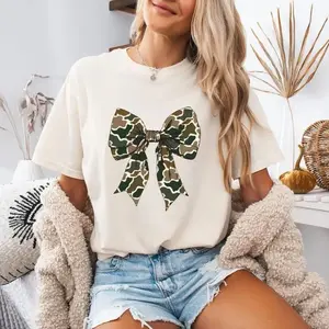 Camo Bow Shirt for Women, Duck Hunting Camouflage Top, Old School Camo Coquette Bow Shirt, Fall Cotton Fit Apparel Made In The USA	