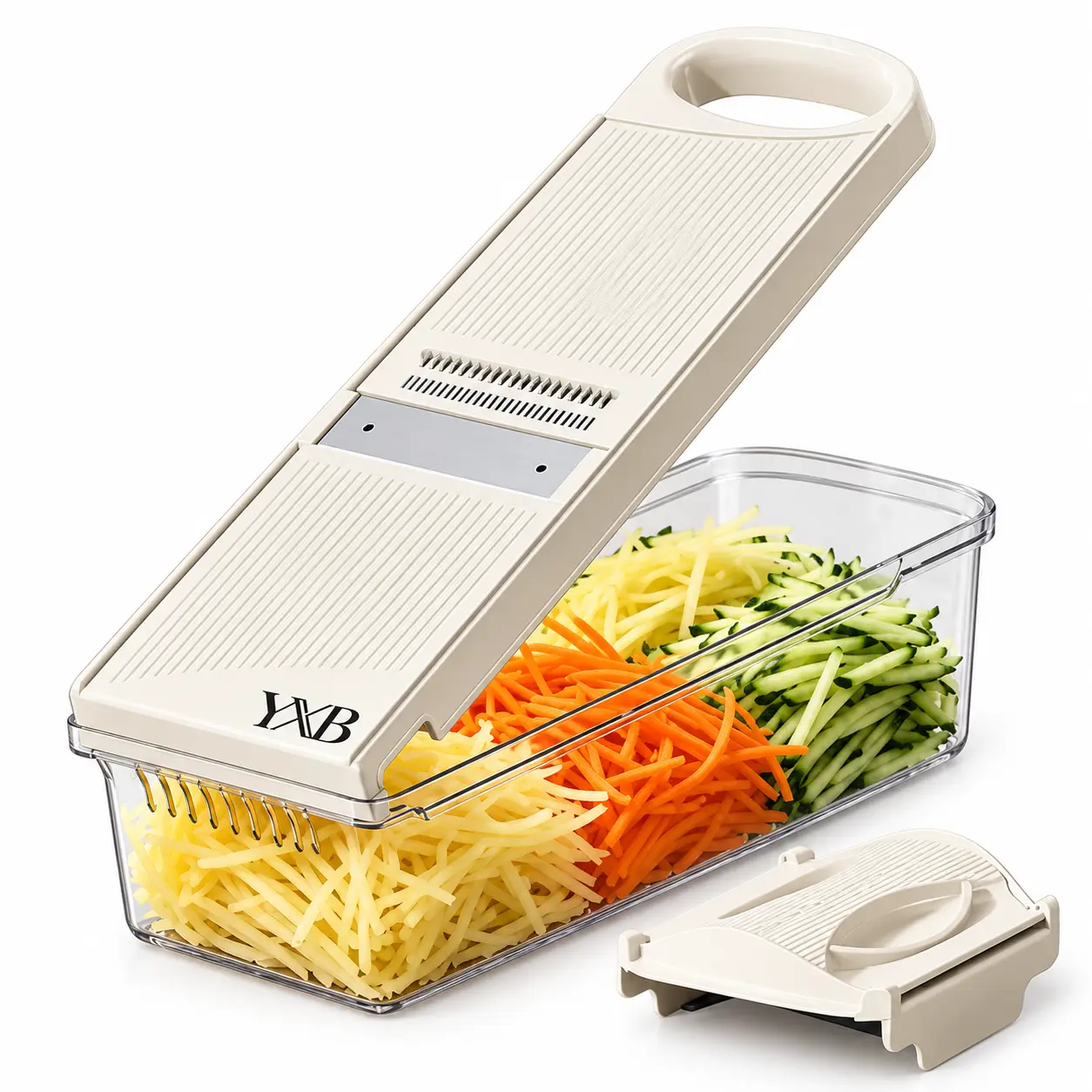 YXB 5-in-1 Adjustable Mandoline Vegetable Slicer, 3 Slice Thicknesses & 2 Julienne Cuts, No Blade Swapping, Hand Guard for Potato, Carrot & Cucumber Kitchen Utensils
