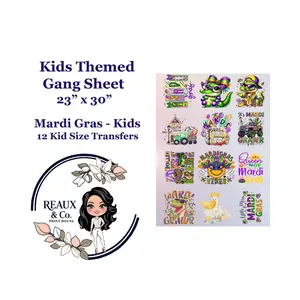 Kids Mardi Gras Themed Gang Sheet 23x30 12 Kid Size Transfers