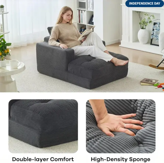 45" Chaise Lounge Chair Indoor No Assembly, Corduroy Sofa Bed with Deep Seat, Comfy Cloud Couch for Small Space Living Room Bedroom Movie Room