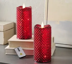 Set of 2 8" Lit Diamond Design Candles w/ Remote Mercury Glass Twinkle or Steady Lighting Indoor Use Family Movie Nights