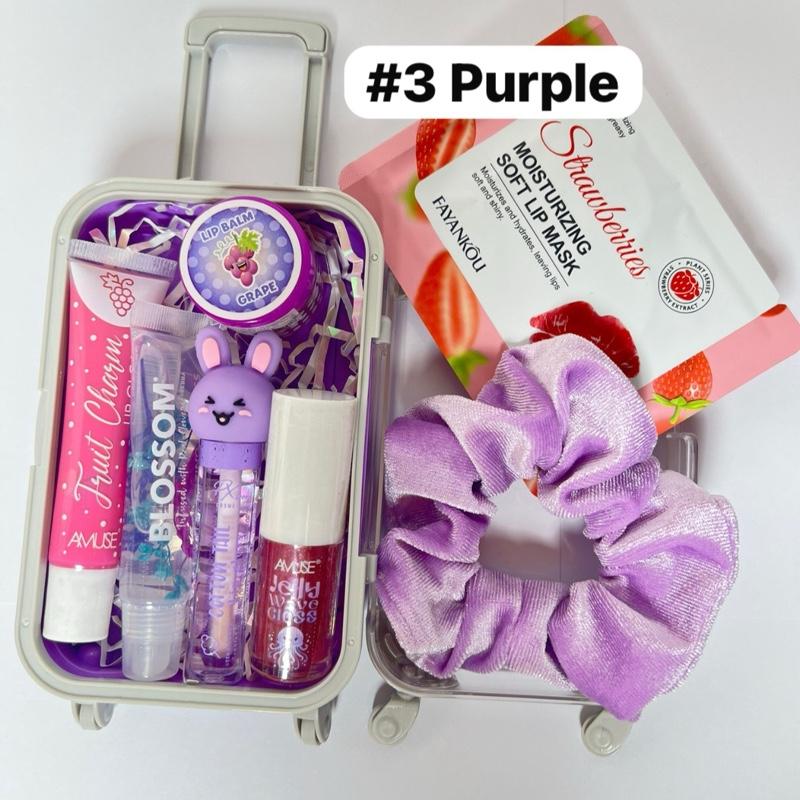 Mini Suitcase Lip Gloss Bundle ( lip oil, lip gloss, lip balm + scrunchie+ random hydrating lip mask)