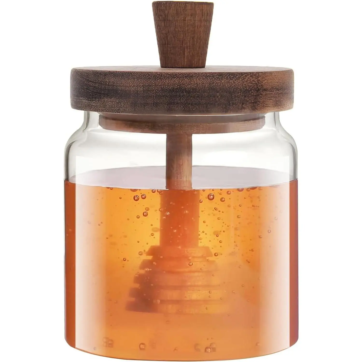 MIUVA Glass Honey Pot 17oz Clear Jar with Wooden Dipper & Airtight Lid for Bee Honey Storage Home Kitchen Organiser Container Cover