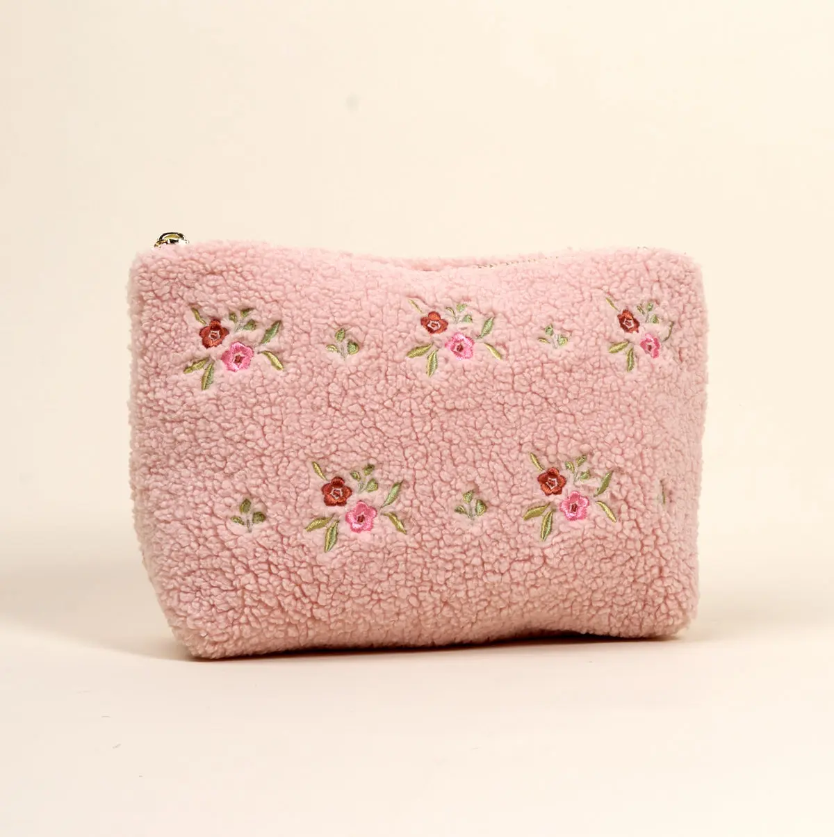Dainty Floral Teddy Pouch, Cozy Pink Sherpa Cosmetic Bag for Women, Travel Makeup Organizer with Gold Hardware, Gold Zippers And Hardware, Organizing Items, Purse, Floral Print, Sherpa Fabric