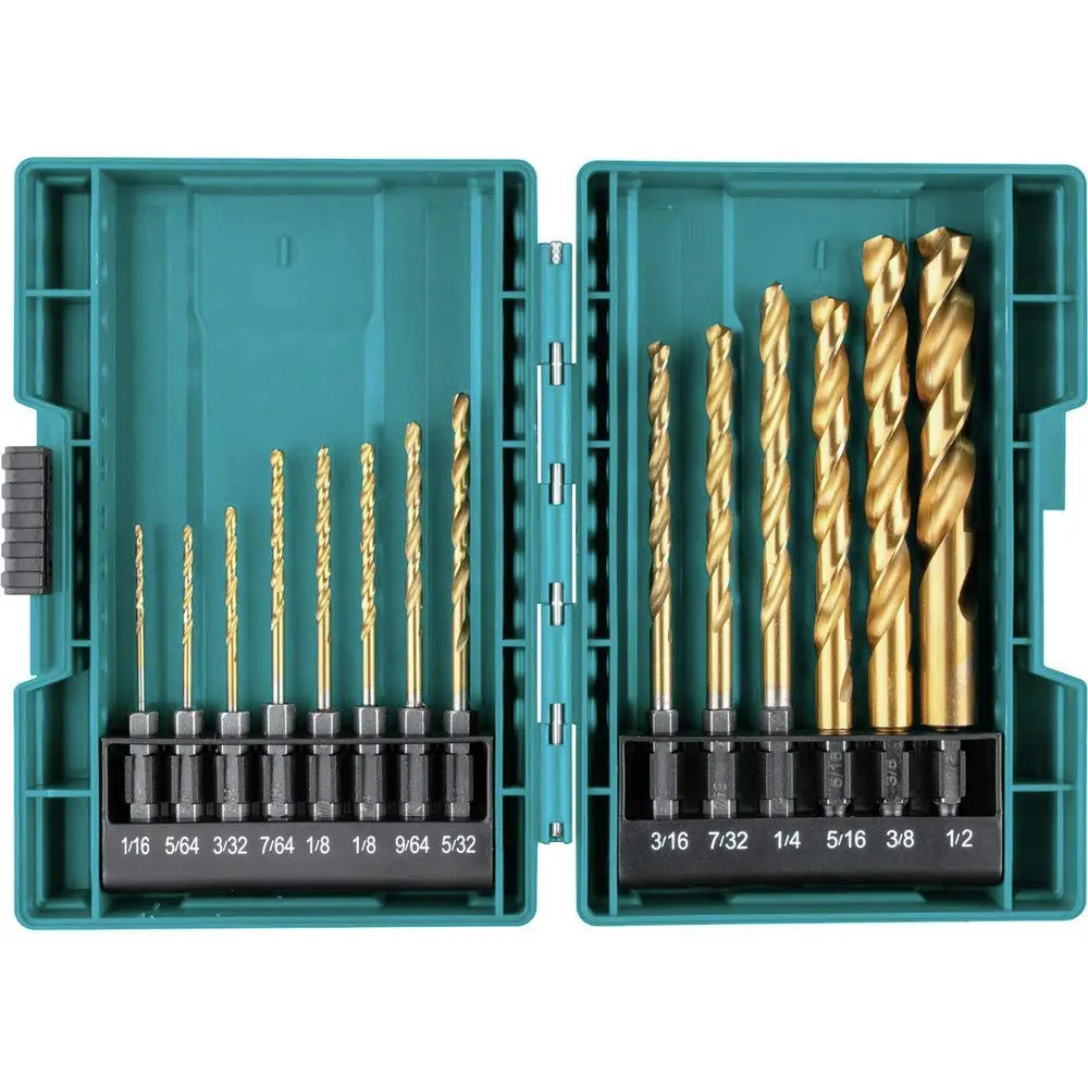 B-65399 Impact Gold Titanium Coated Drill Bit Set - 14-Pc Metal Drilling Tool, 1/4 In. Hex Shank, Split Point Tip, Hex Shank Drill Bit Sets