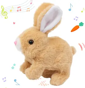 Hopping Rabbit Interactive Electronic Pet Plush Bunny Toy with Sounds and Movements Animated Walking Wiggle Ears Twitch Nose Gift for easter gift, brown, 7 inches