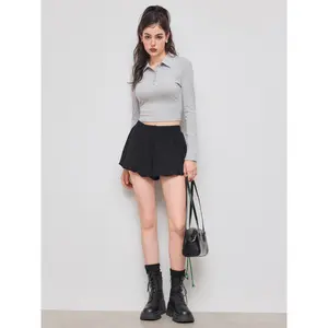 Cider [2 colors, size 2-26] Polo Solid Button Long Sleeve Top & Mid Rise Bubble Hem Mini Skirt Set