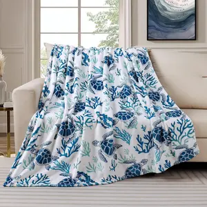 Turtle Print Flannel Fabric Throw Blanket, Blue Ocean Coral Design, Super Soft Lightweight Plush, Multi-Size Indoor Outdoor Blanket for Bedding, Sofa,summervibes