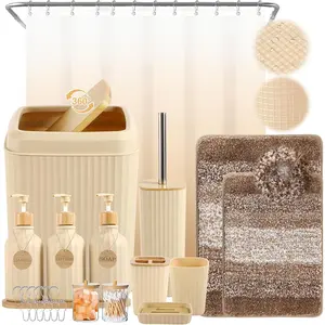 32PCS Bathroom Sets with Shower Curtain and Rugs Beige Bathroom Accessories Set Shower Curtain Set 3PCS Lotion Soap Dispenser Bathroom Accessories with Black Bathroom Decor