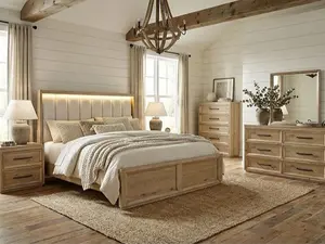 FM74008NT-4PC 4 pc Helios natural finish wood farmhouse modern fabric padded LED queen bedroom set