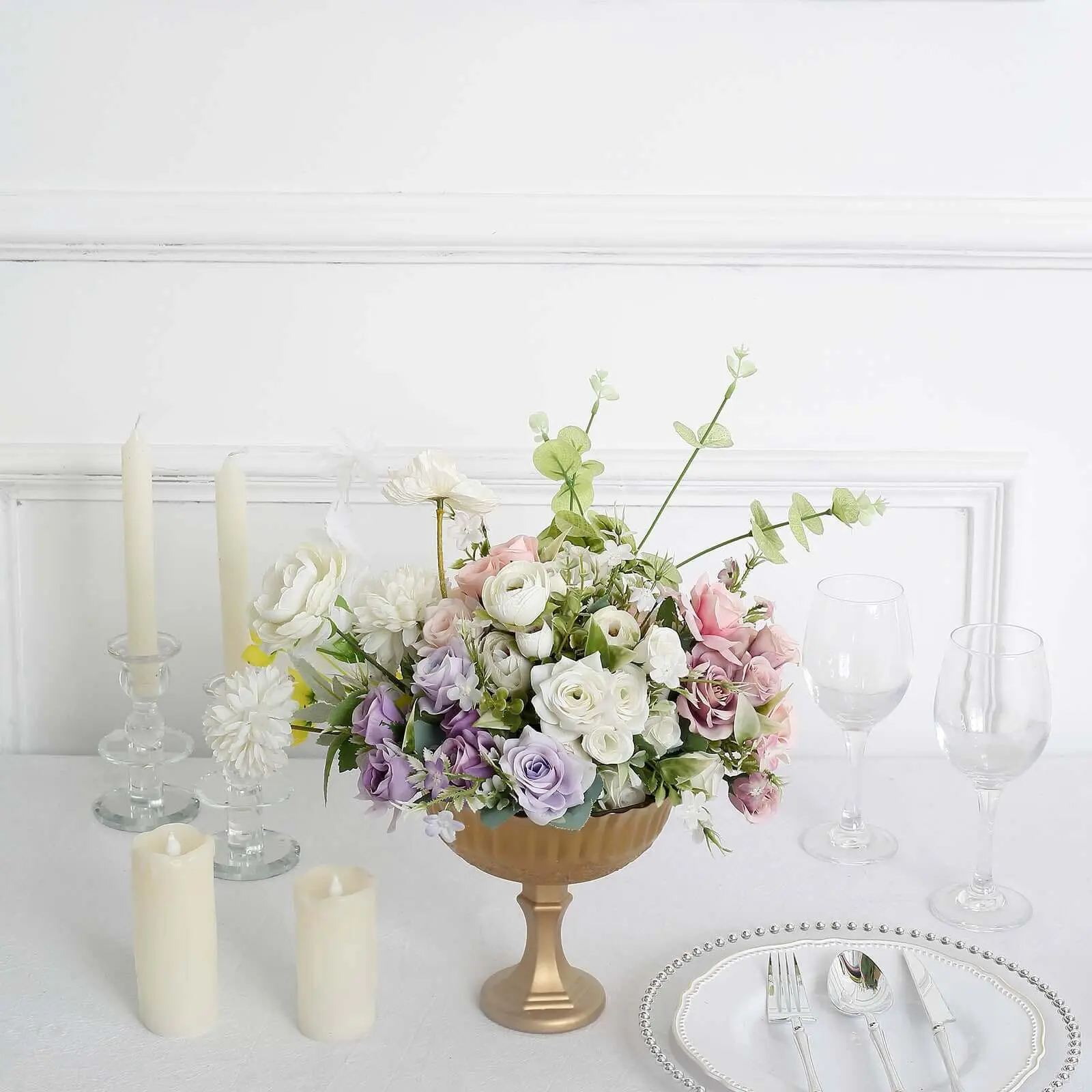 Glass Floral Bowl Centerpiece Compote Pedestal 7" Roman Style Gold - Vintage Wedding Vase for Luxurious Table Settings