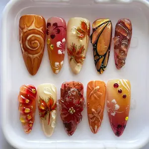 Autumn Long Almond Press On Nails, Handmade Fall Nail Art with Maple Leaves & Flower, Brown Orange Gradient Fake Nails for Thanksgiving Gift