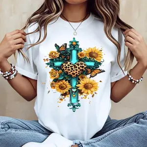 Cross With Sunflowers And Leopard Heart Print Tshirt Casual Short Sleeve Top For Women Daily Wear