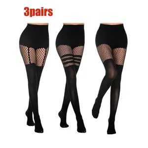 Women's Sexy Mock Thigh High Fishnet Tights, 2-Pairs Suspender Style Pantyhose, See-through Mesh Leggings with Striped Detail, Perfect for Date Night, Party Outfits & Daily Wear, All Seasons Fashionable Basic Legwear