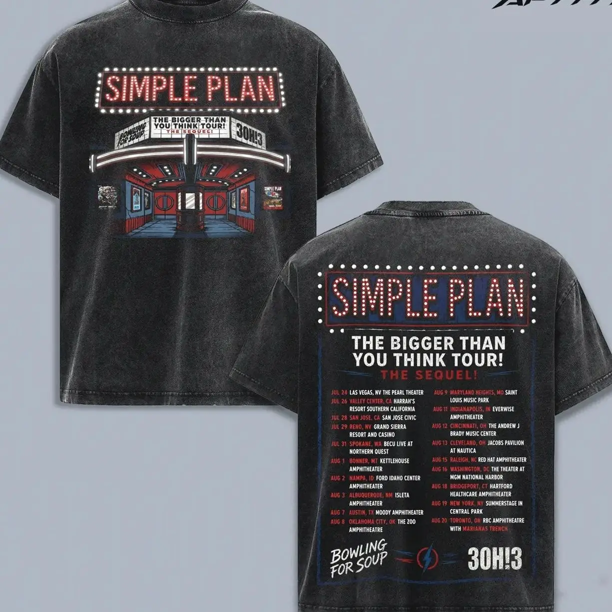 Simple Plan The Bigger Than You Think Tour The Sequel 2026 Washed Cotton T-Shirt, Official Concert Merch with Bowling For Soup & 3OH!3, Unisex Oversized Vintage Black Tee, Soft Cotton Crewneck Music Fan Gift