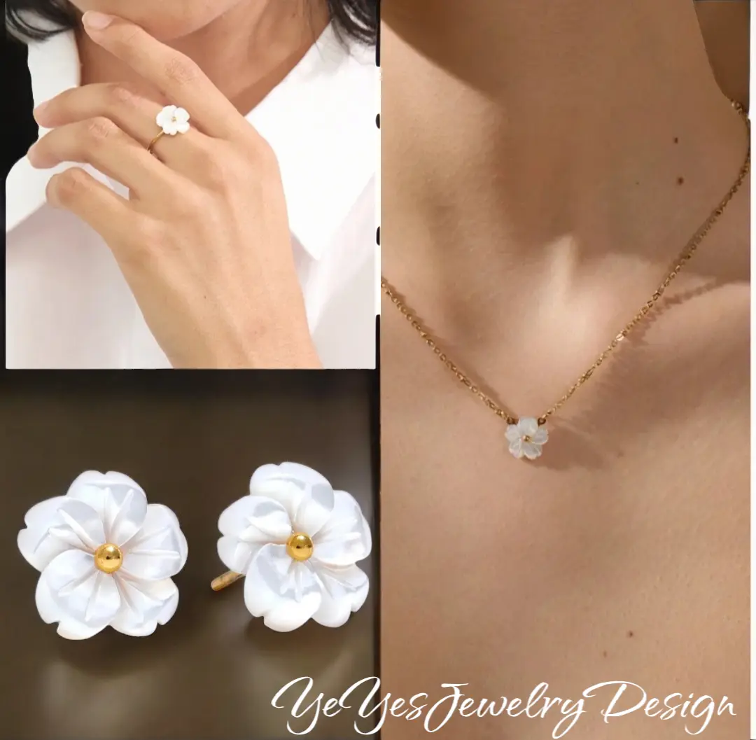 Stainless Steel Waterproof Natural Shell flower Earrings, Necklace, and Adjustable Ring Set.