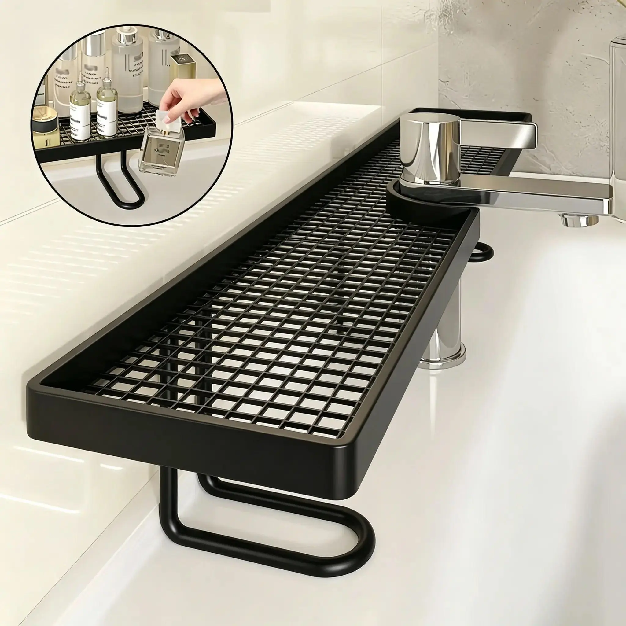 Carbon Steel Bathroom Organizer - No Drilling Anti-Rust Metal Shower Caddy, Moisture-Proof, Mildew-Resistant Rectangular Shape Shelf for Skincare & Bath Products, Sink Storage, Space-Saving Bathroom Decor