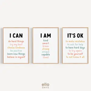 Classroom Decor Set, I Am I Can Words of Affirmations for Kids, Daily Affirmations Wall Art Bundle, Affirmations for Kids Poster Set of 3, Room Decor, Unframed
