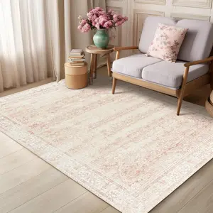Vintage Pink Rug 4x6 Washable Non Slip Floral Indoor Rugs for Entryway Low Pile Carpet for Laundry Room Front Door Mat for Entrance 4 x 6