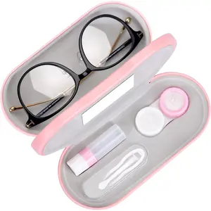 2 in 1 Contact Lens Case and Glasses Case,Double Sided Dual Use Design,Leak Proof & Portable,Tweezer and Contact Lens Solution Bottle Included for Travel Kit,Pink springtok