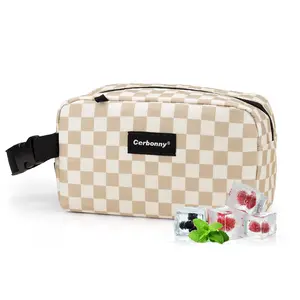 Cerbonny Mini Freezable Bag for Women, Khaki Checkerboard, Little Cooler Bag, Small Snack Bag, 3 Cans Capacity, Travel Essentials