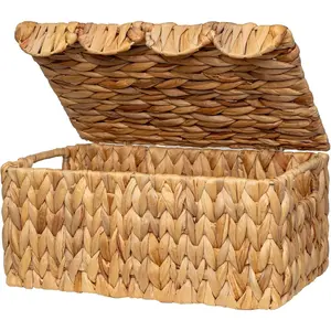 Wicker Basket with Scalloped Edge Lid, Handwoven Water Hyacinth Baskets for Bathroom, Bedroom, Living Room, 13" L x 9  1/2 " W x 6" H