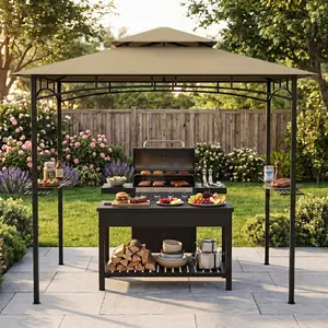 8ft x 7ft BBQ Grill Gazebo, Double Tier Vented Canopy, Easy Install Outdoor Shelter, with Utility Shelves & Hooks, Reinforced Steel Legs, for Backyard Barbecue Gathering
