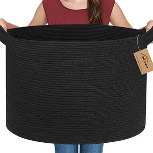 Large Black Blanket Basket, 22" X 22" X 14" Woven Rope Bin for Storage, Kids Dog Toy Storage Box Organizer Bins, Blanket Holder for Living Room, Decorative Wicker Basket for Organizing