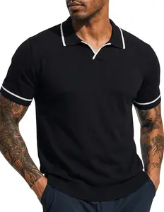 #SummerVibes 2026 New Men's Solid Color Polo Shirt - Black Solid Color with Simple Lines Design, Light Business Style, Fitted Sweater with Short Sleeves, Spring/Summer Polyester Fiber Material