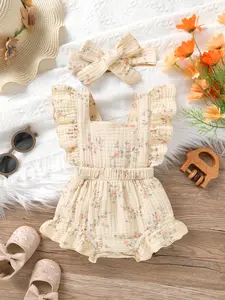 Baby Girl Soft, Comfortable, Cute Ruffled Edge Jumpsuit With Headband Set Suitable For Summer Leisure Vacation Parties
