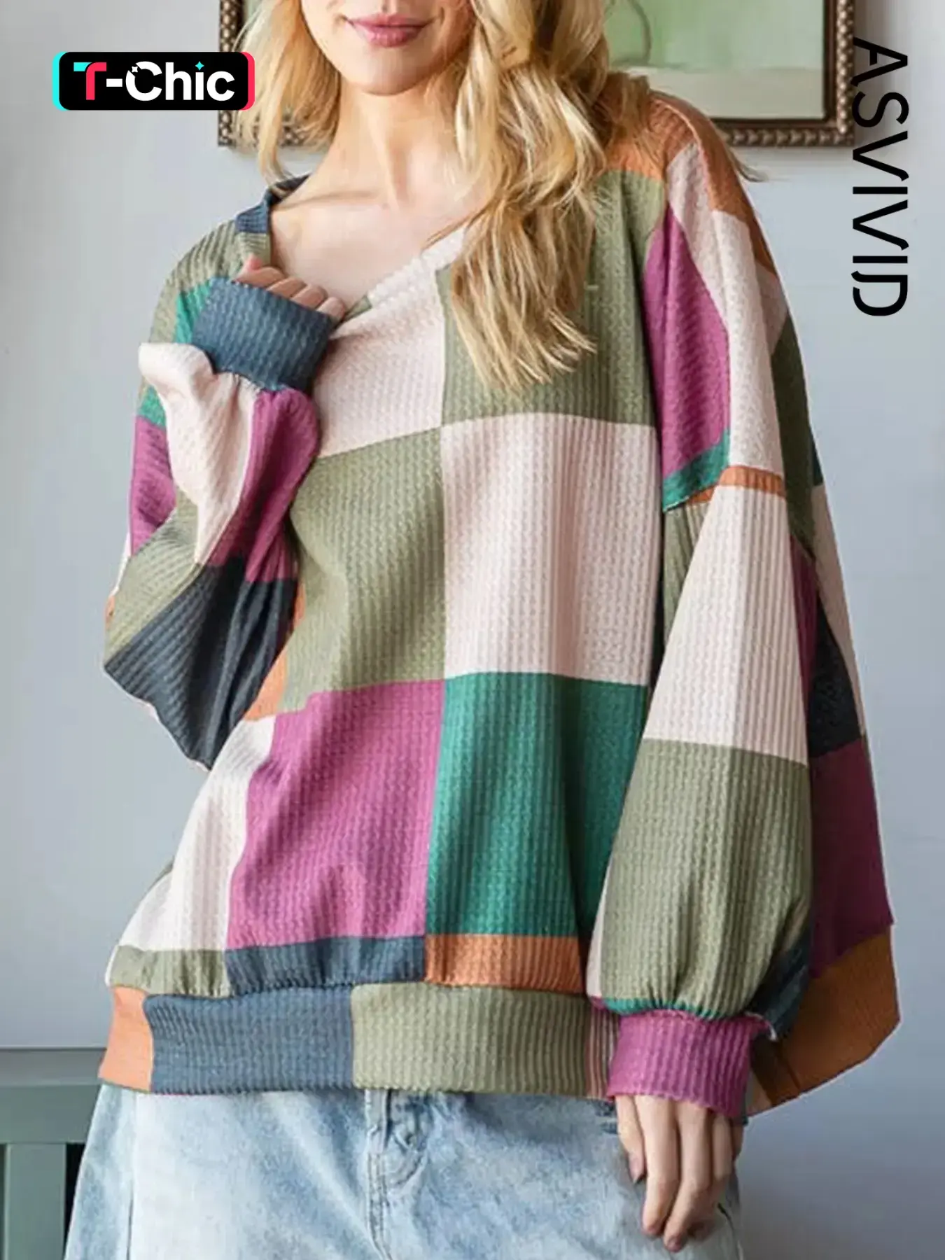 Women's Casual Checkered Print Textured Knit Long Sleeve Pullover Sweater, Colorblock Style, Spring & Fall Fashion, Comfortable Wear
