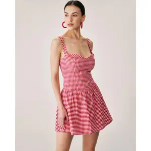 RIHOAS Women's Red Plaid Sweetheart Neck Slip Mini Casual Dress