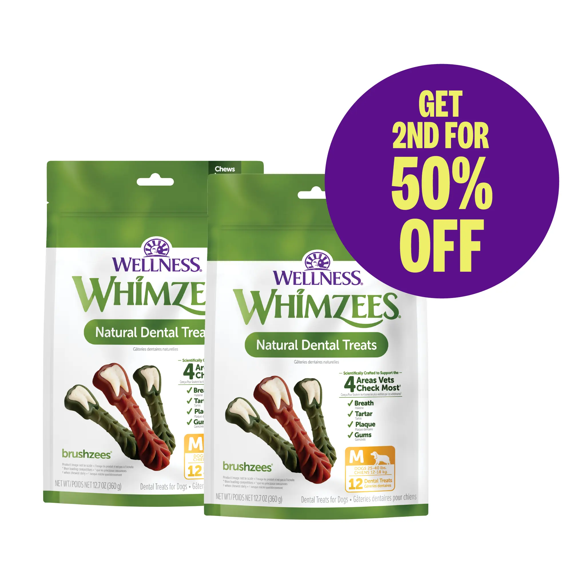 Wellness WHIMZEES Brushzees Medium Dog Dental Treats, 12 Count Value Bundle, Buy 1 Get 50 Off 2nd