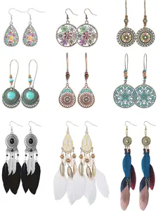 9 Pairs Boho Vintage Statement Earrings for Women, Ethnic Hollow Drop Leaf & Tassel Feather Dangle Earrings