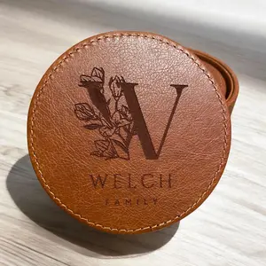 Custom Engraved Leather Coaster with Family Name | Personalized Monogram Drink Coaster | Rustic Home Decor Gift | Housewarming or Wedding