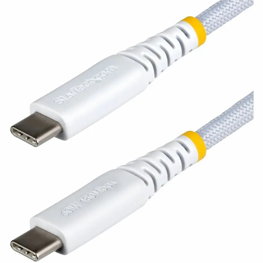StarTech 6in 15cm White USB-C Charging Cable 60W 3A PD Dual-Layer Braided Nylon/TPE Jacket Rugged USB 2.0 Laptop Charger Cord