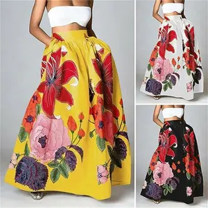 European and American Cross-Border Trade Women's Skirt Bohemian Floral Loose High Waist Holiday Large Hem Pocket Half Skirt for Women Pleated Womenswear pencil skirt maxi skirt outfits