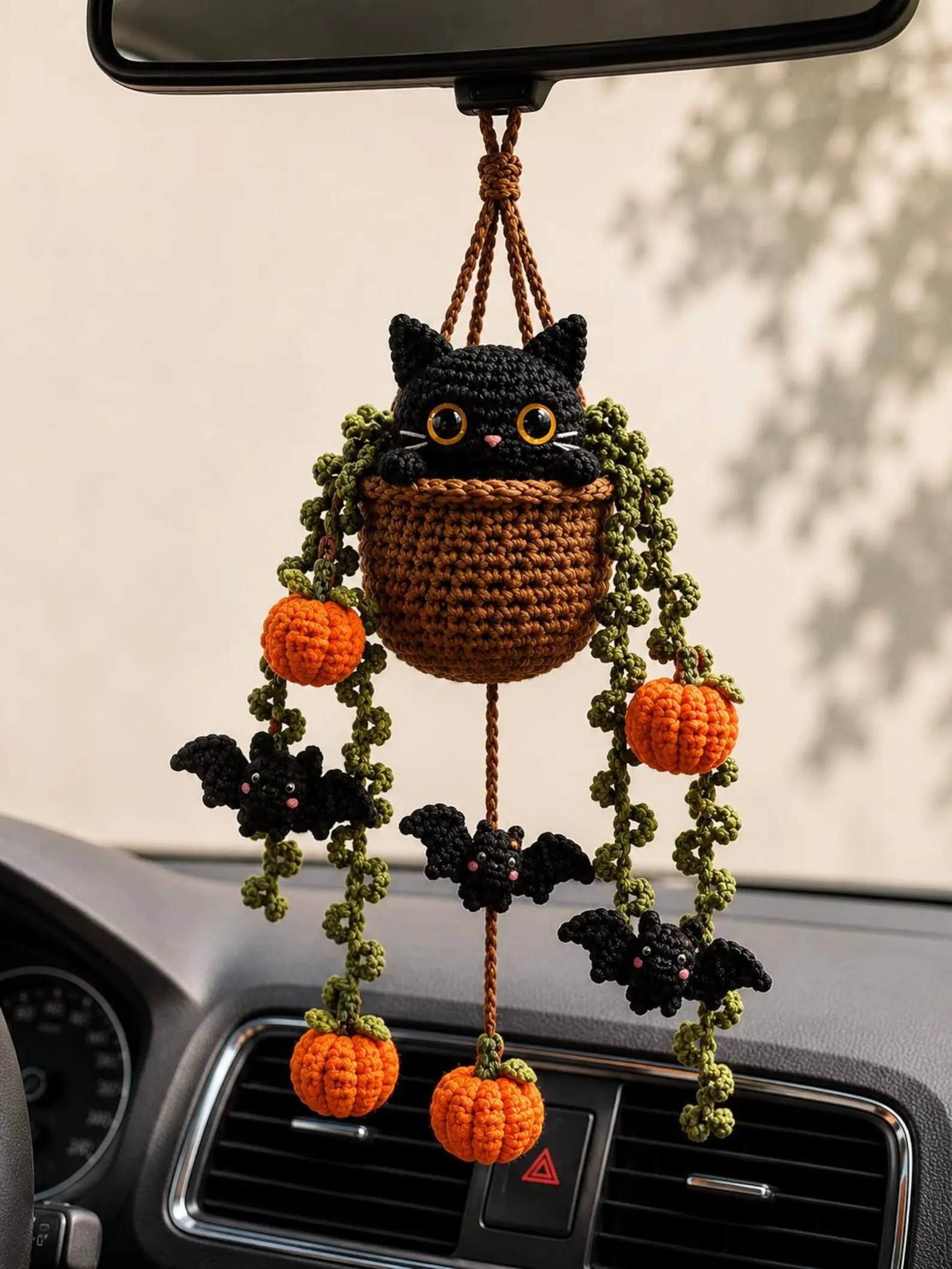 Halloween Car Decor - Crochet Black Cat in Basket with Pumpkins and Bats - Festive Vehicle Ornament for Seasonal Decor