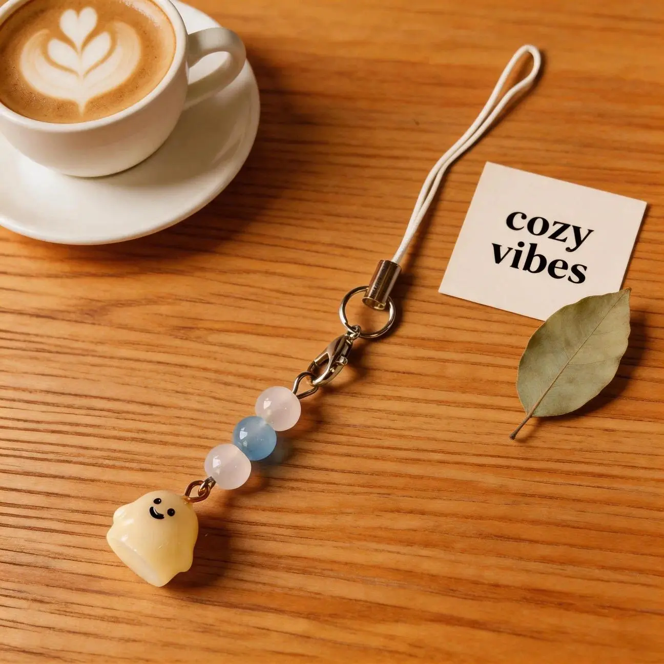 Durable Mobile Phone Charm Lanyard Accessory - Lightweight Translucent White-Blue Bead Strap, Cute Ghost Face Keychain for Women’s Bag, Aesthetic Smile Everyday Carry Earphone Case Decor