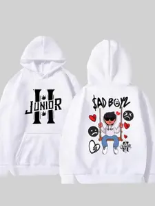 Black "Junior" & "Sad Boyz" Graphic Hoodie – Edgy Streetwear for Trendy Vibes. Front has bold "JUNIOR" print, back features a cartoon of a swingin' guy with "SAD BOYZ" text. Super comfy Tops