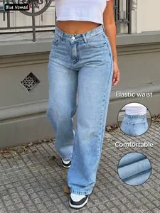 Women's Fashion Wide Leg Denim Jeans Pants, Elastic Waist Design, Mid Waist Comfortable Daily Wear, Casual Loose Fit, All Seasons