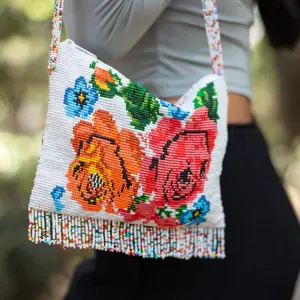 Red Poppies - Native Beaded Purse in Floral White & Red - Handmade by Mexican Artisans - Mother Sierra