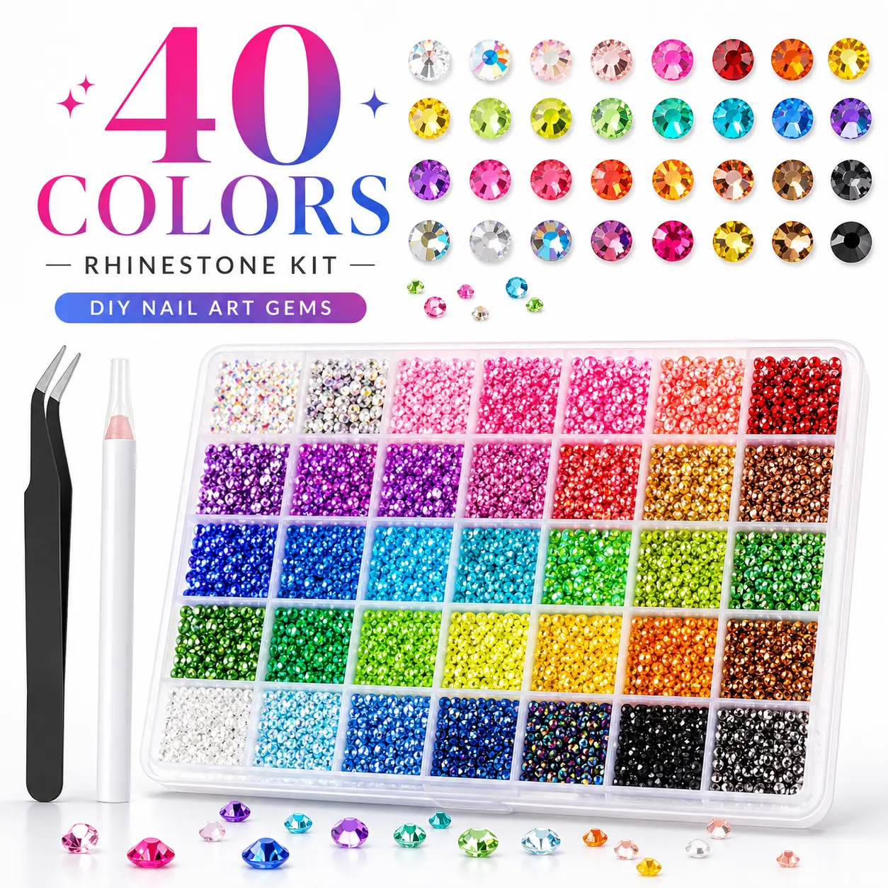 Flatback Rhinestones Set that Adds Sparkle, 32000 Pcs in 40 Multi-Colors - Cute Craft Gems for DIY Crafts & Nail Art, with Tweezers & Pen