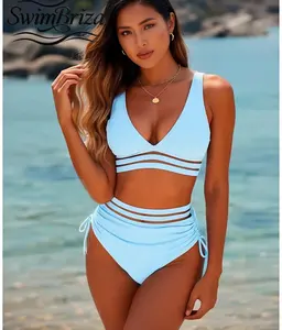 Briza｜High Waisted Bikini Sets for Women Light Blue Two Piece Swimsuit Strappy Bathing Suits Ruched Tie Side Swimwear 2 Piece Set for Summer Vacation Beach Pool, Women's Swimwear, Bathing Suit for Women, Two Piece Bathing Suit, Vacation Swimwear