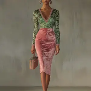 2025 new autumn style gold velvet stitching stretch slim fit hip-hugging high-waisted dress sweater dresses