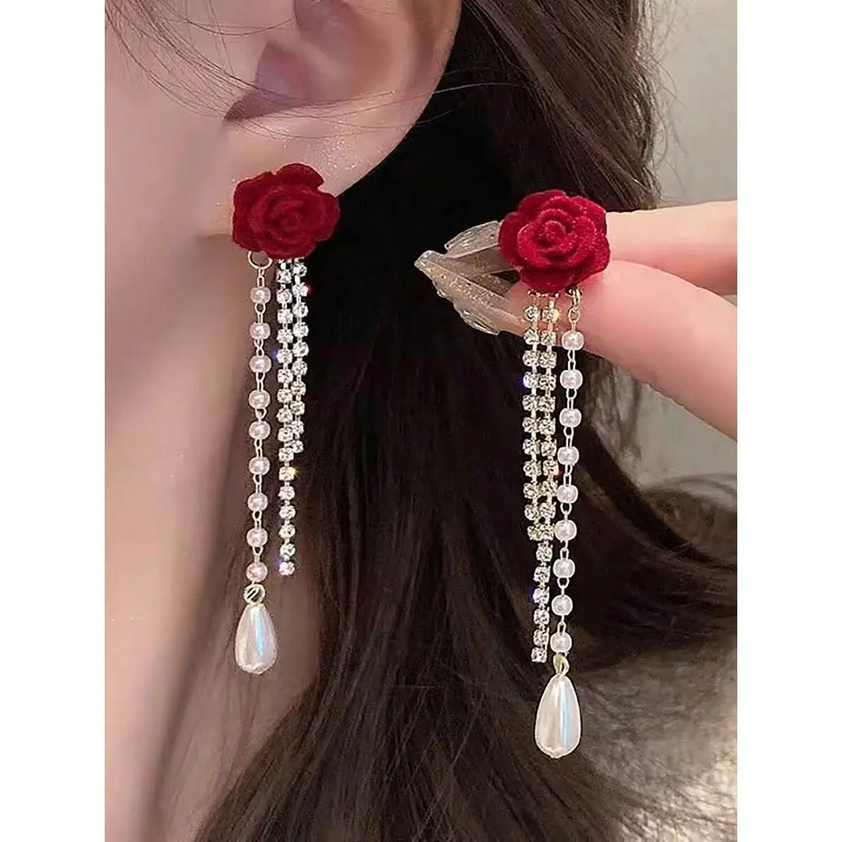 1 Pair Elegant Burgundy Flocked Flower & Pearl Drop Earrings, French Vintage Heart Rose Chain Dangle Earrings For Women Valentines