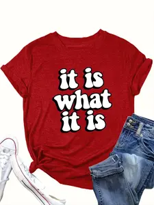 【Plus Size】 "IT IS WHAT IT IS" Print Round Neck Tee, Fashion Casual Crew Neck Short Sleeve T-shirt for Daily Outdoor Wear, Women Clothing for All Seasons